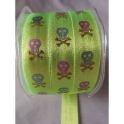 Ruban satiné brillant Tête de mort 16 mm / 16 Jaune-vert fluo